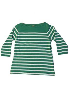 LL Bean Women's Top - Boathouse Quarter-Sleeve Green & White Stripes - Size SM